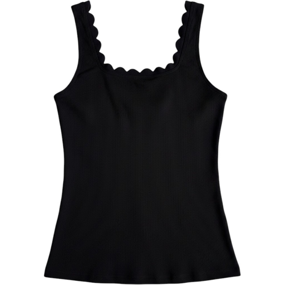 V FOR CITY Swim Top Women Large Black New Ribbed Scalloped Neckline Tankini